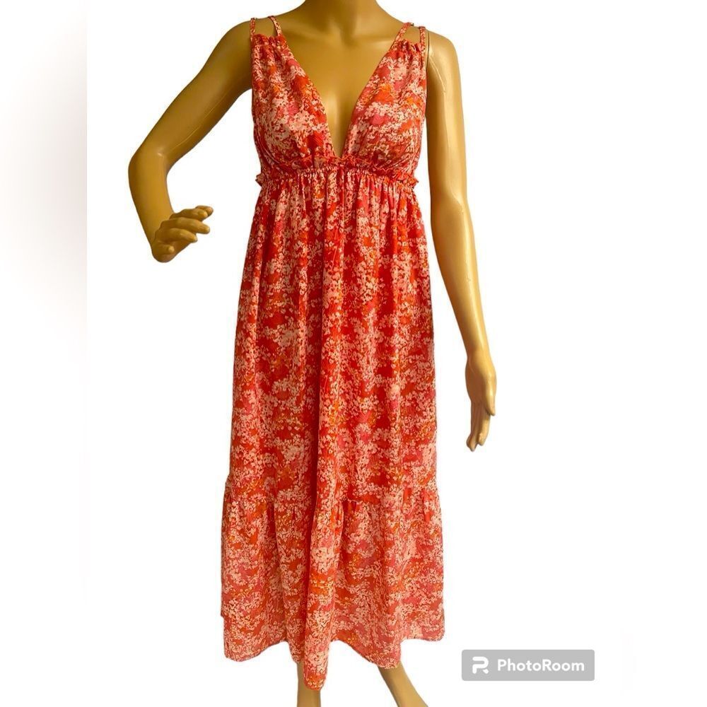 Papermoon Dress, Orange and white Floral Boho Hippie Flowy Rayon, Size M